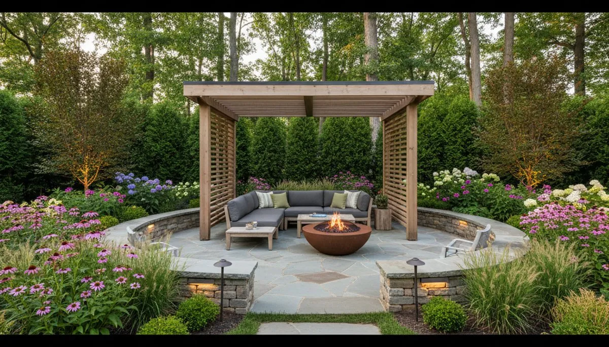 Backyard patio with custom landscaping and lighting by Chop Chop Landscaping in Richmond, VA