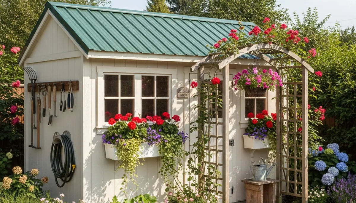 Decorative garden shed integrated into landscaped yard in Richmond VA by Chop Chop Landscaping
