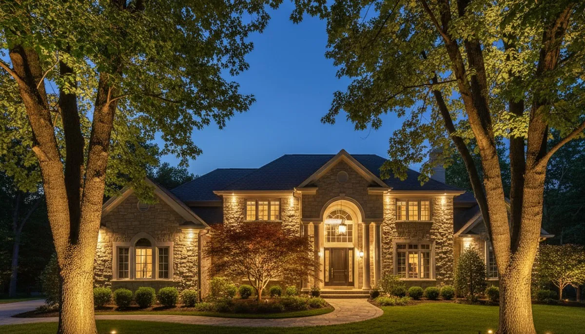 Dramatic tree uplighting by Chop Chop Landscaping in Richmond, VA highlighting mature trees at night