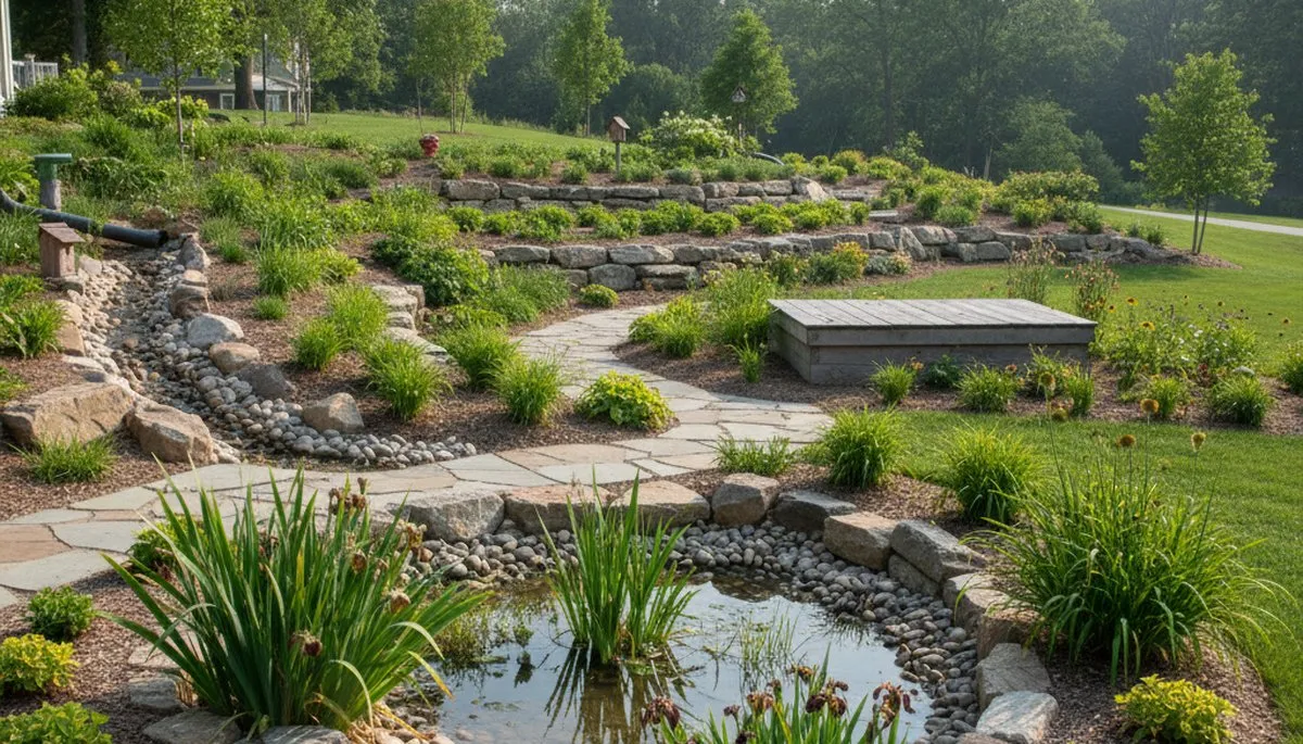 Sustainable rain garden with native plants and water filtration by organic landscapers in Richmond, VA