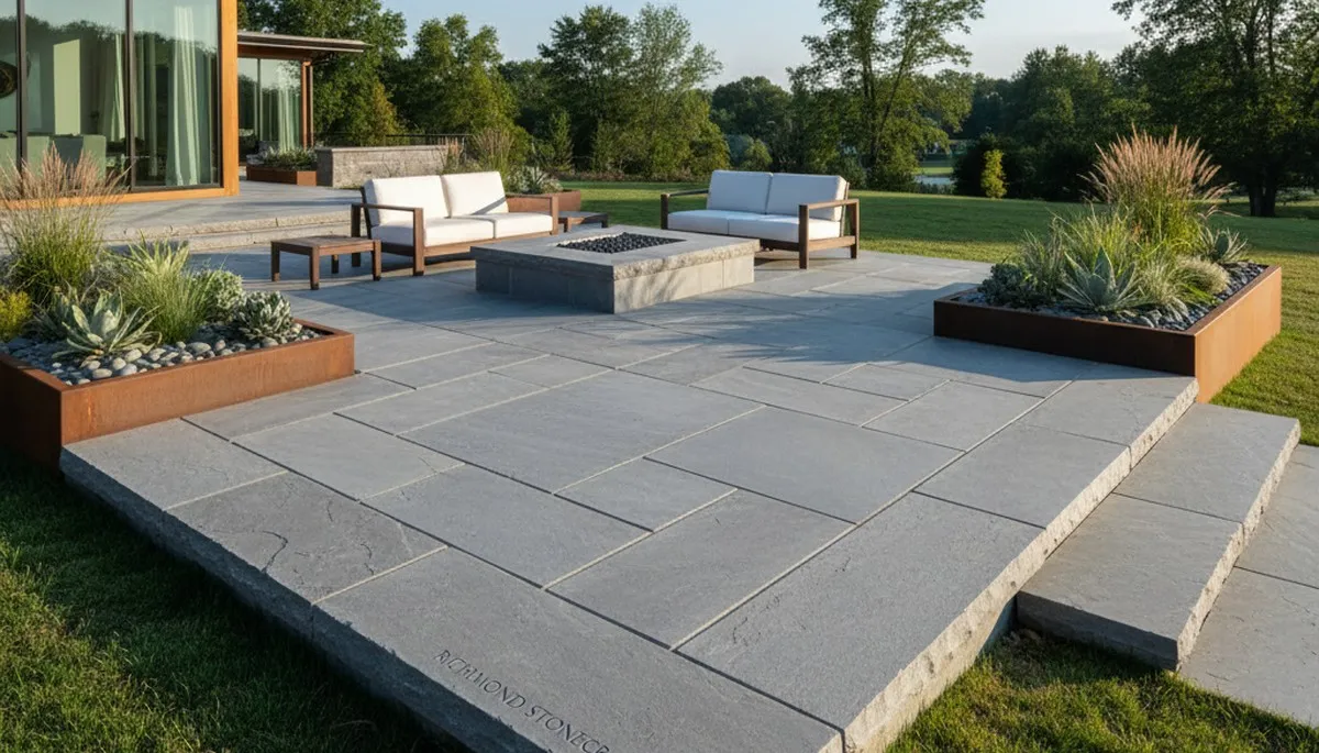 Modern large stone slab patio installation by professional landscapers in Richmond, VA