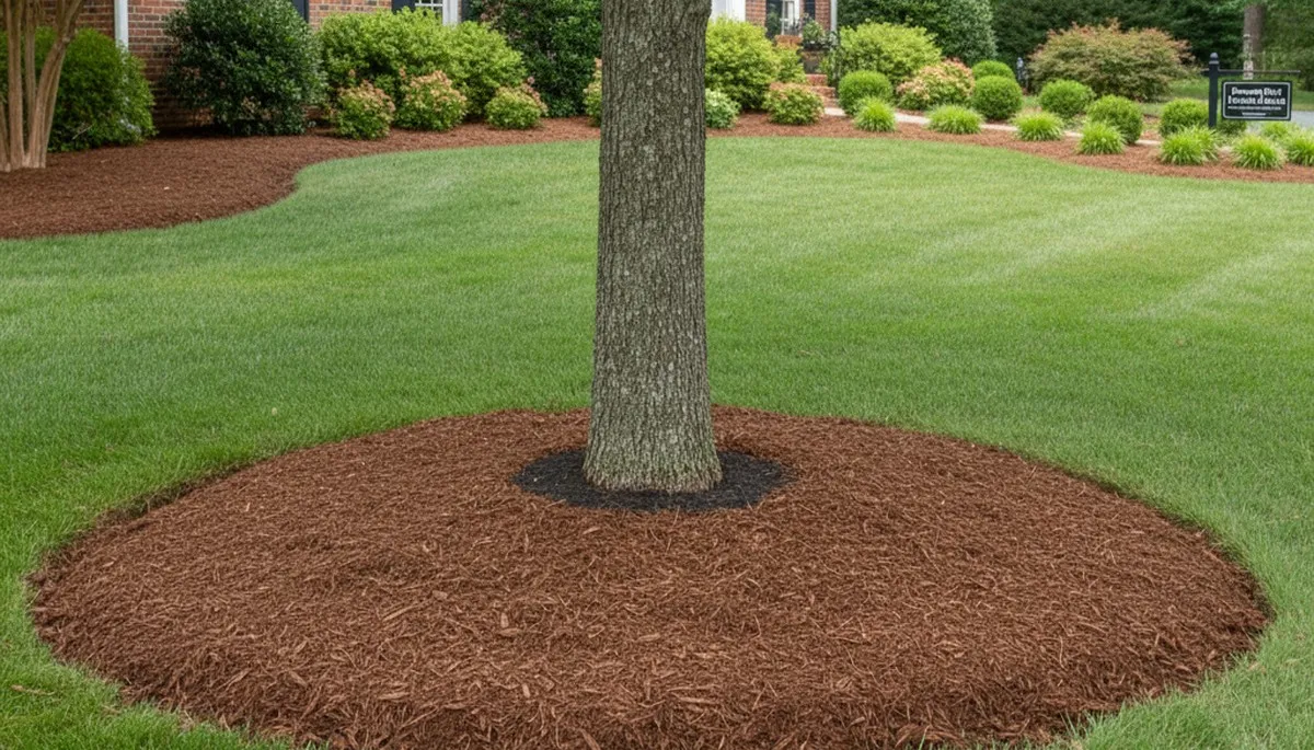 Professional circular tree ring mulching around tree base in Richmond VA by expert landscapers